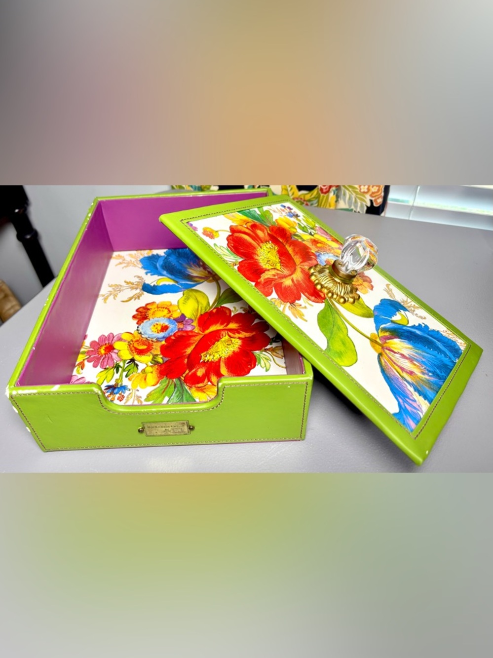 MacKenzie Childs Flower Market Desk Top Accessory Box Paper Holder Organizer